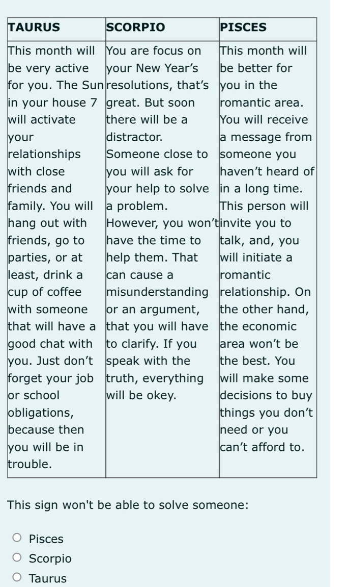 TAURUS SCORPIO PISCES 
Thi 
be 
for 
in y 
will 
you 
rela 
wit 
frie 
fam 
han 
frie 
par 
leas 
cup 
with 
tha 
goo 
you 
forg 
or s 
obli 
bec 
you 
trou 
This 
Pisces 
Scorpio 
Taurus