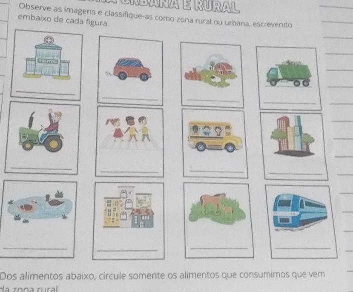 TUNDAñA É RURAL 
Observe as imagens e classifique-as como zona rural ou urbana, escrevendo 
embaixo de cada figura. 
_ 
_ 
_ 
_ 
_ 
_ 
__ 
_ 
_ 
_ 
_ 
_ 
_ 
_ 
_ 
_ 
_ 
_ 
_ 
_ 
Dos alimentos abaixo, circule somente os alimentos que consumimos que vem 
_