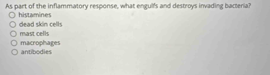 As part of the inflammatory response, what engulfs and destroys invading bacteria?
histamines
dead skin cells
mast cells
macrophages
antibodies