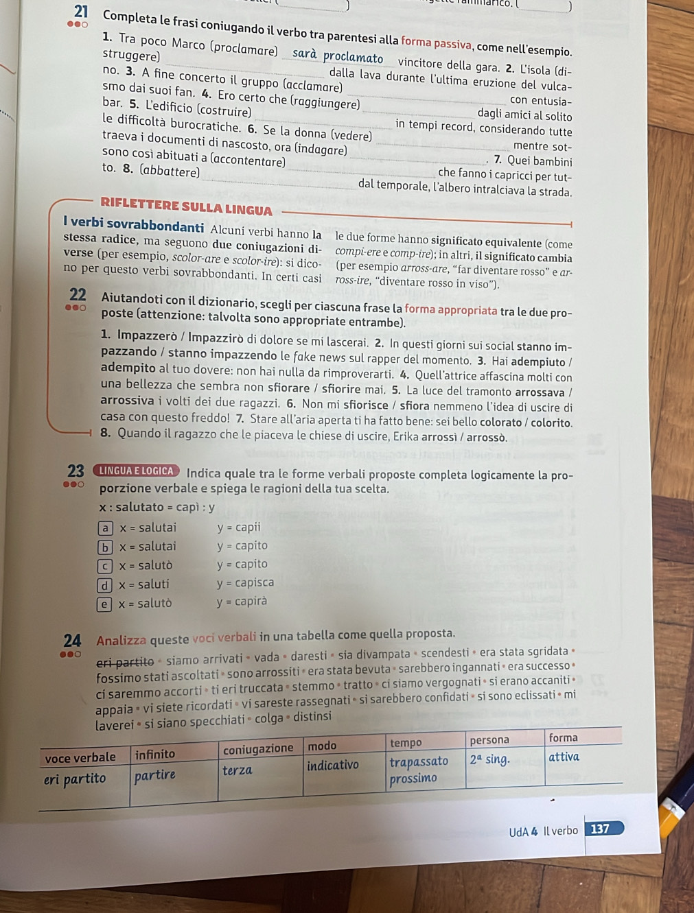 rammarco. ( )
.●
21 Completa le frasi coniugando il verbo tra parentesi alla forma passiva, come nell’esempio.
1. Tra poco Marco (proclamare) sarà proclamato vincitore della gara. 2. L'isola (di-
struggere) _dalla lava durante l'ultima eruzione del vulca-
no. 3. A fine concerto il gruppo (acclamare) _con entusia-
smo dai suoi fan. 4. Ero certo che (raggiungere) dagli amici al solito
bar. 5. L'edificio (costruire) __in tempi record, considerando tutte
le difficoltà burocratiche. 6. Se la donna (vedere)
traeva i documenti di nascosto, ora (indɑgare)_
mentre sot-
. 7. Quei bambini
sono così abituati a (accontentare) _che fanno i capricci per tut-
to. 8. (abbattere)_ _dal temporale, l’albero intralciava la strada.
_
RIFLETTERE SULLA LINGUA
l verbi sovrabbondanti Alcuni verbi hanno la le due forme hanno significato equivalente (come
stessa radice, ma seguono due coniugazioni di- compi-ere e comp-ire); in altri, il significato cambia
verse (per esempio, scolor-are e scolor-ire): si dico- (per esempio arross-are, “far diventare rosso” e ar-
no per questo verbi sovrabbondanti. In certi casi ross-ire, “diventare rosso in viso”).
22 Aiutandoti con il dizionario, scegli per ciascuna frase la forma appropriata tra le due pro-
poste (attenzione: talvolta sono appropriate entrambe).
1. Impazzerò / Impazzirò di dolore se mi lascerai. 2. In questi giorni sui social stanno im-
pazzando / stanno impazzendo le fake news sul rapper del momento. 3. Hai adempiuto /
adempito al tuo dovere: non hai nulla da rimproverarti. 4. Quell’attrice affascina molti con
una bellezza che sembra non sfiorare / sfiorire mai. 5. La luce del tramonto arrossava /
arrossiva i volti dei due ragazzi. 6. Non mi sfiorisce / sfiora nemmeno l’idea di uscire di
casa con questo freddo! 7. Stare all’aria aperta ti ha fatto bene: sei bello colorato / colorito.
8. Quando il ragazzo che le piaceva le chiese di uscire, Erika arrossì / arrossò.
23  《LINGUAELOGICA» Indica quale tra le forme verbali proposte completa logicamente la pro-
porzione verbale e spiega le ragioni della tua scelta.
x: salutato =capi:y
a x= salutai y=capii
b x= salutai y=capito
C x= salutò y=capito
d x= saluti y=capisca
e x= salutò y=capira
24 Analizza queste voci verbali in una tabella come quella proposta.
●   eri partito « siamo arrivati « vada » daresti » sia divampata » scendesti » era stata sgridata »
fossimo stati ascoltati » sono arrossiti » era stata bevuta » sarebbero ingannati » era successo »
ci saremmo accorti » ti eri truccata » stemmo » tratto » ci siamo vergognati » si erano accaniti «
appaia » vi siete ricordati » vi sareste rassegnati » si sarebbero confidati » si sono eclissati» mi
specchiati » colga » distinsi
UdA 4 Ilverbo 137