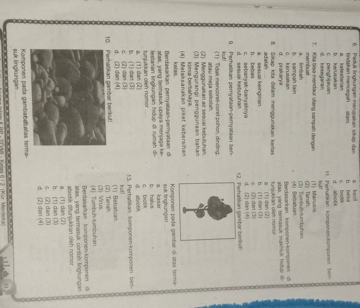 Peduli lingkungan merupakan sikap dan a. kecil
tindakan mencegah .... alam. b. besa
a. kelestarian c. biotik
b. kerusakan d. abiotik
c. penghijauan
d. kesegaran 11. Perhatikan komponen-komponen ber-
kut!
7. Kita bisa mendaur ulang sampah dengan (1) Manusia.
membuat .... (2) Tanah.
a. limbah (3) Tumbuh-tumbuhan.
b. sampah lain (4) Bebatuan.
c. kerusakan
Berdasarkan komponen-komponen di
d. prakarya
atas, yang termasuk makhluk hidup di-
8. Sikap kita dalam menggunakan kertas tunjukkan oleh nomor ....
adalah .... a. (1) dan (2)
a. sesuai keinginan b. (1) dan (3)
b. bebas c. (2) dan (3)
c. sebanyak-banyaknya d. (2) dan (4)
d. sesuai kebutuhan 12. Perhatikan gambar berikut!
9. Perhatikan pernyataan-pernyataan beri-
kut!
(1) Tidak mencoret-coret pohon, dinding,
atau meja sekolah.
(2) Menggunakan air sesuai kebutuhan.
(3) Mengurangi penggunaan bahan
kimia berbahaya.
(4) Melaksanakan piket kebersihan
kelas.
Komponen pada gambar di atas terma-
Berdasarkan pernyataan-pernyataan di suk lingkungan ....
atas, yang termasuk upaya menjaga ke- a. kasar
lestarian lingkungan hidup di rumah di- b. halus
tunjukkan oleh nomor .... c. biotik
a. (1) dan (2) d. abiotik
b. (1) dan (3)
c. (2) dan (3) 13. Perhatikan komponen-komponen beri-
kut!
d. (2) dan (4)
(1) Bebatuan.
10. Perhatikan gambar berikut!
(2) Tanah.
(3) Virus.
(4) Tumbuh-tumbuhan.
Berdasarkan komponen-komponen  di
atas, yang termasuk contoh lingkungan
abiotik ditunjukkan oleh nomor ....
a. (1) dan (2)
b. (1) dan (3)
c. (2) dan (3)
d. (2) dan (4)
Komponen pada gambaıbætuatas terma-
suk lingkungan ....
t
RR - SD/MI - Kelas 6 / 2 (Kur. Merdeka)
33