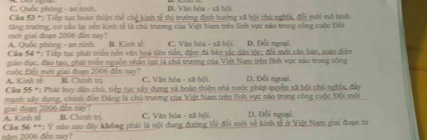 C. Quốc phòng - an ninh. D. Văn hóa - xã hội.
Cầu 53 *: Tiếp tục hoàn thiện thể chế kinh tế thị trường định hướng xã hội chú nghĩa, đổi mới mô hình
tăng trưởng, cơ cầu lại nên kinh tế là chủ trương của Việt Nam trên lĩnh vực nào trong công cuộc Đôi
mới giai đoạn 2006 đến nay?
A. Quốc phòng - an ninh. B. Kinh tế C. Văn hóa - xã hội. D. Đối ngoại.
Câu 54 *: Tiếp tục phát triển nên văn hoá tiên tiến, đậm đá bản sắc dân tộc; đổi mới căn bản, toàn diện
giáo dục, đảo tạo, phát triển nguồn nhân lực là chủ trương của Việt Nam trên lĩnh vực nào trong công
Đuộc Đổi mới giai đoạn 2006 đến nay?
A. Kinh tế B. Chính trị C. Văn hóa - xã hội. D. Đối ngoại.
Câm 55 *: Phát huy dân chủ, tiếp tục xây dựng và hoàn thiện nhà nước pháp quyền xã hội chủ nghĩa, đầy
mạnh xây dựng, chính đồn Đảng là chú trương của Việt Nam trên lĩnh vực nào trong công cuộc Đội mới
giai đoạn 2006 đến nay?
A. Kinh tế B. Chính trị. C. Văn hóa - xã hội. D. Đối ngoại.
Câu 56 **: Ý nào sau đây không phải là nội dung đường lối đổi mới về kinh tế ở Việt Nam giai đoạn từ
năm 2006 đến nay?