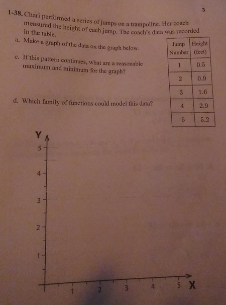 3 
1-38, Chari performed a series of jumps on a trampoline. Her coach 
measured the height of each jump. The coach’s data was recorded 
in the table. 
a. Make a graph of the data on the graph below. 
c. If this pattern continues, what are a reasonable 
maximum and minimum for the graph? 
d. Which family of functions could model this data?