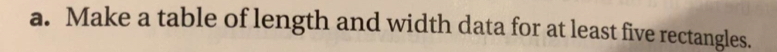 Make a table of length and width data for at least five rectangles.
