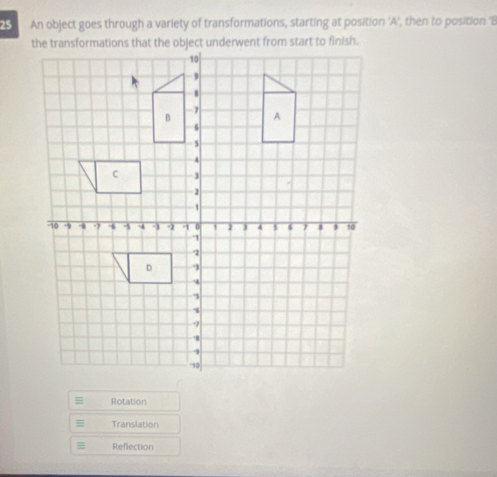 An object goes through a variety of transformations, starting at position ' A ', then to position 'B
= Rotation
≡ Translation
= Reflection