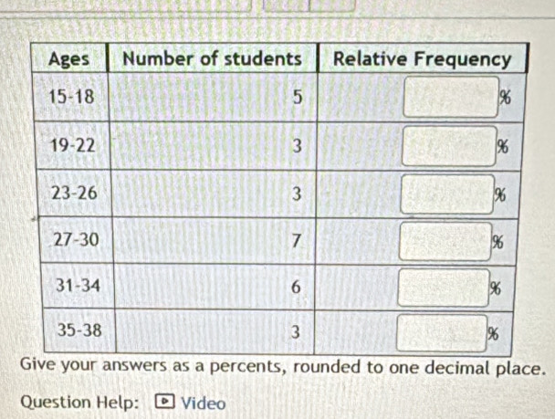 our answers as a percents, rounded to one decimal place. 
Question Help: Video