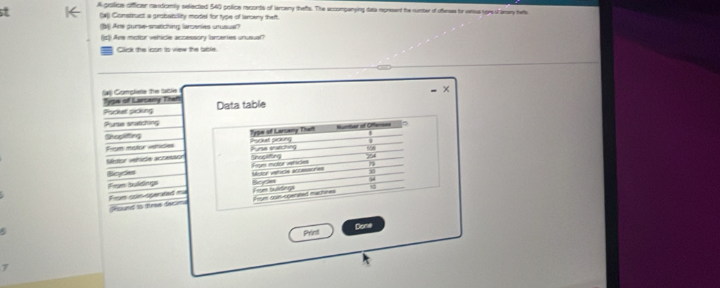 A pollice oiffficar nandomly selected 540 police records of larceny thefts. The acoompanying data represent the number of offenses for verous tow d lary thets 
t (al) Construct a grobability model for type of larcany theft. 
b Are purse-snatching larcenies unusual? 
(jc) Are motor vehicle accessory larcenies unusual? 
Click the icon ts view the fable. 
a) Compliste the table 
Bysw of arsany Titeft 
Pocket sicking Data table 
Purse snatching 
Cheplifting 
From motor venices 
Metor venice accansor 
Sicydes 
Fem buldings 
From coin-sperated ma 
Round io tree decms 
Print Done