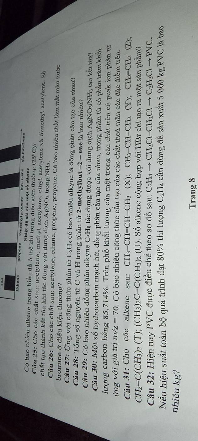 Nhiệt độ sối của một số alkene
Có bao nhiêu alktrong biều đồ ở thể khí trong điều kiện thường (25°C)?
Câu 25: Cho các chất sau: acetylene; methyl acetylene, ethyl acetylene và dimethyl acetylene. Số
chất tạo thành kết tủa khi tác dụng với dung dịch Agh NO_3 trong NH_3
Câu 26: Cho các chất sau: acetylene, ethane, propene, propyne. Có bao nhiêu chất làm mất màu nước
bromine ở điều kiện thường?
Câu 27: Ứng với công thức phân tử C_5H_8 có bao nhiêu alkyne là đồng phân cấu tạo của nhau?
Câu 28: Tổng số nguyên tử C và H trong phân tử 2-methylbut −2 - ene là bao nhiêu?
Câu 29: Có bao nhiêu đồng phân alkyne C₅H₈ tác dụng được với dung dịch AgNO_3/NH_3 tạo kết tủa?
Câu 30: Một số hydrocarbon mạch hở, đồng phân cấu tạo của nhau, trong phân tử có phần trăm khối
lượng carbon bằng 85,714%. Trên phổ khối lượng của một trong các chất trên có peak ion phân từ
ứng với giá trị m/z=70. Có bao nhiêu công thức cấu tạo của các chất thoả mãn các đặc điểm trên.
Câu 31: Cho các alkene sau: CH_3-CH=CH-CH_3 (X); CH_3-CH=CH_2(Y);CH_2=CH_2 (Z);
CH_2=C(CH_3)_2 (T);(CH_3)_2C=C(CH_3) 02 (U). Số alkene cộng hợp với HBr chỉ tạo ra một sản phẩm?
Câu 32: Hiện nay PVC được điều chế theo sơ đồ sau: C_2H_4to CH_2Cl-CH_2Clto C_2H_3Clto PVC.
Nếu hiệu suất toàn bộ quá trình đạt 80% thì lượng C_2H_4 cần dùng để sản xuất 5 000 kg PVC là bao
nhiêu kg?
Trang 8