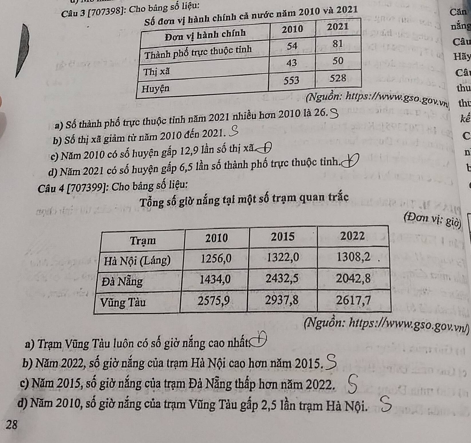 [707398]: Cho bảng số liệu: 
nước năm 2010 và 2021 
Căn 
nắng 
Câu 
Hãy 
Câ 
thu 
www.gso.gov.v thu 
a) Số thành phố trực thuộc tinh năm 2021 nhiều hơn 2010 là 26. 
kế 
b) Số thị xã giảm từ năm 2010 đến 2021. 
C 
c) Năm 2010 có số huyện gắp 12, 9 lần số thị xã. 
n 
d) Năm 2021 có số huyện gấp 6,5 lần số thành phố trực thuộc tỉnh. 
F 
Câu 4 [707399]: Cho bảng số liệu: 
Tổng số giờ nắng tại một số trạm quan trắc 
(Đơn vị: giờ) 
(Nguồn: https://www.gso.gov.vn/) 
a) Trạm Vũng Tàu luôn có số giờ nắng cao nhất 
b) Năm 2022, số giờ nắng của trạm Hà Nội cao hơn năm 2015. 
c) Năm 2015, số giờ nắng của trạm Đả Nẵng thấp hơn năm 2022. 
d) Năm 2010, số giờ nắng của trạm Vũng Tàu gấp 2, 5 lần trạm Hà Nội. 
28