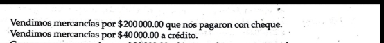 Vendimos mercancías por $200000.00 que nos pagaron con cheque.
* Vendimos mercancías por $40000.00 a crédito.