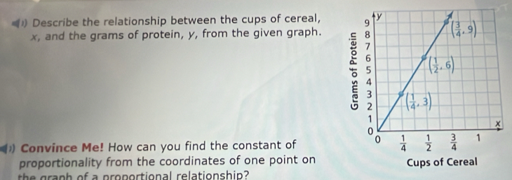 Describe the relationship between the cups of cereal, 
x, and the grams of protein, y, from the given graph. 
Convince Me! How can you find the constant of
proportionality from the coordinates of one point on
the graph of a proportional relationship?