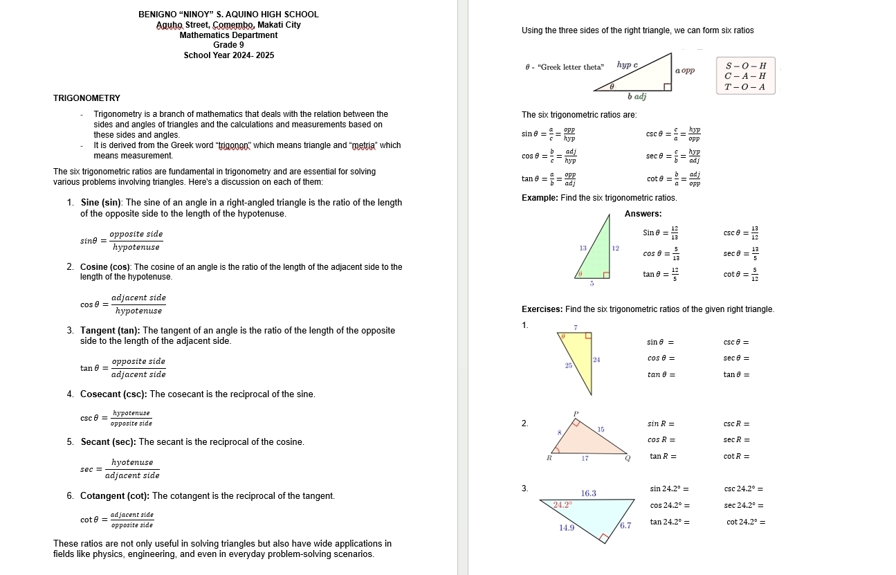 BENIGNO “NINÖ Y'' S. AQUINO HIGH SCHOOL
Aguho Street, Comembo, Makati City Using the three sides of the right triangle, we can form six ratios
Mathematics Department
Grade 9
School Year 2024- 2025 C-A-H
θ - “Greek letter theta”
S-O-H
T-O-A
TRIGONOMETRY 
Trigonometry is a branch of mathematics that deals with the relation between the The six trigonometric ratios are:
sides and angles of triangles and the calculations and measurements based on
these sides and angles.
sin θ = a/c = opp/hyp  csc θ = c/a = hyp/opp 
It is derived from the Greek word “trigonon” which means triangle and “metria” which
means measurement. cos θ = b/c = adj/hyp  sec θ = c/b = hyp/adj 
The six trigonometric ratios are fundamental in trigonometry and are essential for solving
various problems involving triangles. Here's a discussion on each of them:
tan θ = a/b = opp/adj  cot θ = b/a = adj/opp 
1. Sine (sin): The sine of an angle in a right-angled triangle is the ratio of the length Example: Find the six trigonometric ratios.
of the opposite side to the length of the hypotenuse. Answers:
sin θ = oppositeside/hypotenuse 
sin θ = 12/13  csc θ = 13/12 
cos θ = 5/13  sec θ = 13/5 
2. Cosine (cos): The cosine of an angle is the ratio of the length of the adjacent side to the
length of the hypotenuse.
tan θ = 12/5  cot θ = 5/12 
cos θ = adjacentside/hypotenuse 
Exercises: Find the six trigonometric ratios of the given right triangle.
3. Tangent (tan): The tangent of an angle is the ratio of the length of the opposite
1.
side to the length of the adjacent side.
sin θ = csc θ =
tan θ = oppositeside/adjacentside 
cos θ = sec θ =
tan θ = tan θ =
4. Cosecant (csc): The cosecant is the reciprocal of the sine.
csc θ = hypotenuse/oppositeside 
2. sin R= csc R=
5. Secant (sec): The secant is the reciprocal of the cosine.
cos R= sec R=
sec = hyotenuse/adjacentside 
tan R= cot R=
3.
6. Cotangent (cot): The cotangent is the reciprocal of the tangent. sin 24.2°= csc 24.2°=
cos 24.2°= sec 24.2°=
cot θ = adjacentside/oppositeside 
tan 24.2°= cot 24.2°=
These ratios are not only useful in solving triangles but also have wide applications in
fields like physics, engineering, and even in everyday problem-solving scenarios.