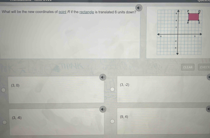 What will be the new coordinates of point R if the rectangle is translated 6 units down?
CLEAR CHECK
(3,0)
(3,-2)
(3,-6)
(9,4)