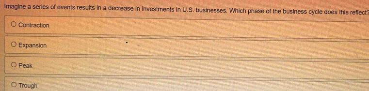 Imagine a series of events results in a decrease in investments in U.S. businesses. Which phase of the business cycle does this reflect?
Contraction
Expansion
Peak
Trough