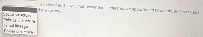 is defined as the way that power and leadership are apportioned to people, and exercised,
of the society.
Social structure
Political structure
Tribal lineage
Power structure