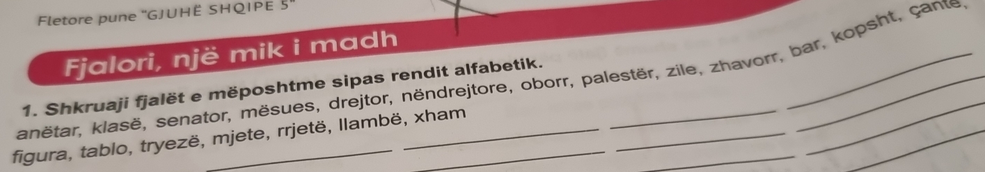 Fletore pune 'GJUHÊ SHQIPE 5''
Fjalori, një mik i madh 
knëtar, klasë, senator, mësues, drejtor, nëndrejtore, oborr, palestër, zile, zhavorr, bar, kopsht, Çanter 
1. Shkruaji fjalët e mëposhtme sipas rendit alfabetik. 
_ 
_ 
_ 
figura, tablo, tryezë, mjete, rrjetë, llambë, xham