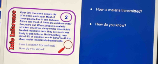 How is malaria transmitted? 
Over 600 thousand people die 
of malaria each year. Most of 2
those people live in sub-Saharan 
Africa and most of them are children under 
five years old. When people in malaria- How do you know? 
stricken countries sleep under insecticide- 
treated mosquito nets, they are much less 
likely to get malaria. Unfortunately, only 
about 5% of children in sub-Saharan Africa 
sleep under insecticide-treated nets. 
How is mallaria transmitted? 
How do you know?