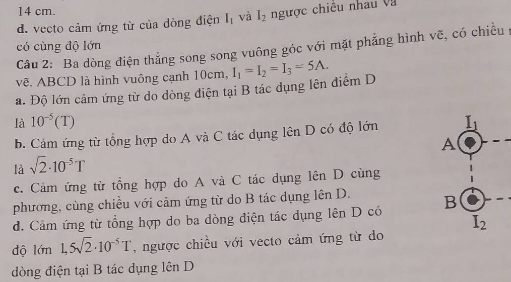 d. vecto cảm ứng từ của dòng điện I_1 và I_2 ngược chiều nhau và
có cùng độ lớn
Câu 2: Ba dòng điện thăng song song vuông góc với mặt phăng hình vẽ, có chiều ở
vẽ. ABCD là hình vuông cạnh 10cm, I_1=I_2=I_3=5A.
a. Độ lớn cảm ứng từ do dòng điện tại B tác dụng lên điểm D
là 10^(-5)(T)
b. Cảm ứng từ tổng hợp do A và C tác dụng lên D có độ lớn
là sqrt(2)· 10^(-5)T
c. Cảm ứng từ tổng hợp do A và C tác dụng lên D cùng
phương, cùng chiều với cảm ứng từ do B tác dụng lên D.
d. Cảm ứng từ tổng hợp do ba dòng điện tác dụng lên D có
độ lớn 1,5sqrt(2)· 10^(-5)T , ngược chiều với vecto cảm ứng từ do
dòng điện tại B tác dụng lên D