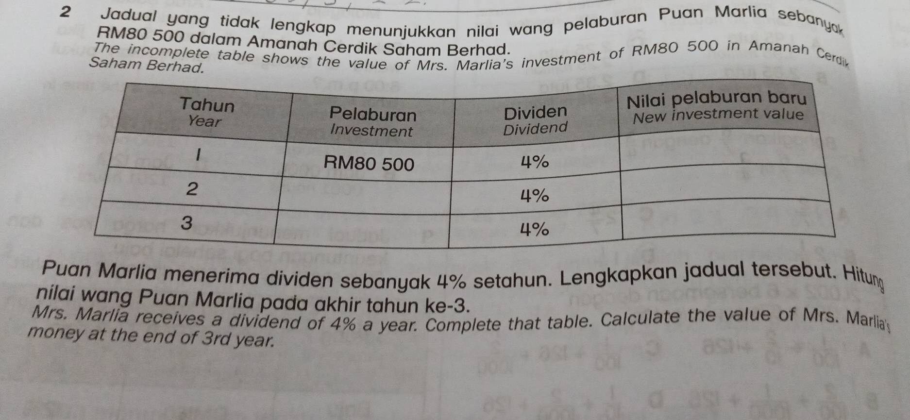 Jadual yang tidak lengkap menunjukkan nilai wang pelaburan Puan Marlia sebanyak
RM80 500 dalam Amanah Cerdik Saham Berhad. 
The incomplete table shows the value of Mrs. Marlia's investment of RM80 500 in Amanah Cerdiv 
Saham Berhad. 
Puan Marlia menerima dividen sebanyak 4% setahun. Lengkapkan jadual tersebut. Hitung 
nilai wang Puan Marlia pada akhir tahun ke -3. 
Mrs. Marlia receives a dividend of 4% a year. Complete that table. Calculate the value of Mrs. Marliay 
money at the end of 3rd year.