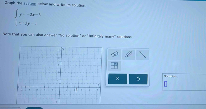 Graph the system below and write its solution.
beginarrayl y=-2x-3 x+3y=1endarray.
Note that you can also answer "No solution" or "Infinitely many" solutions. 
× 
Solution: