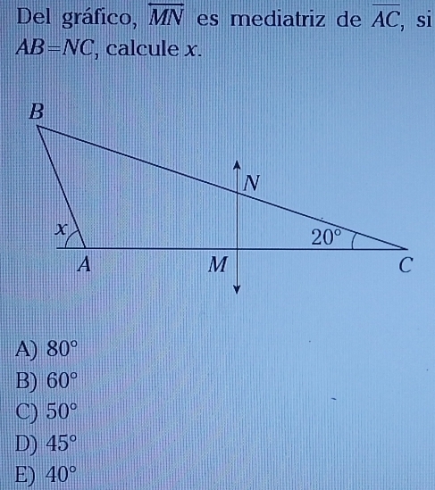 Del gráfico, overleftrightarrow MN es mediatriz de overline AC, , si
AB=NC , calcule x.
A) 80°
B) 60°
C) 50°
D) 45°
E) 40°