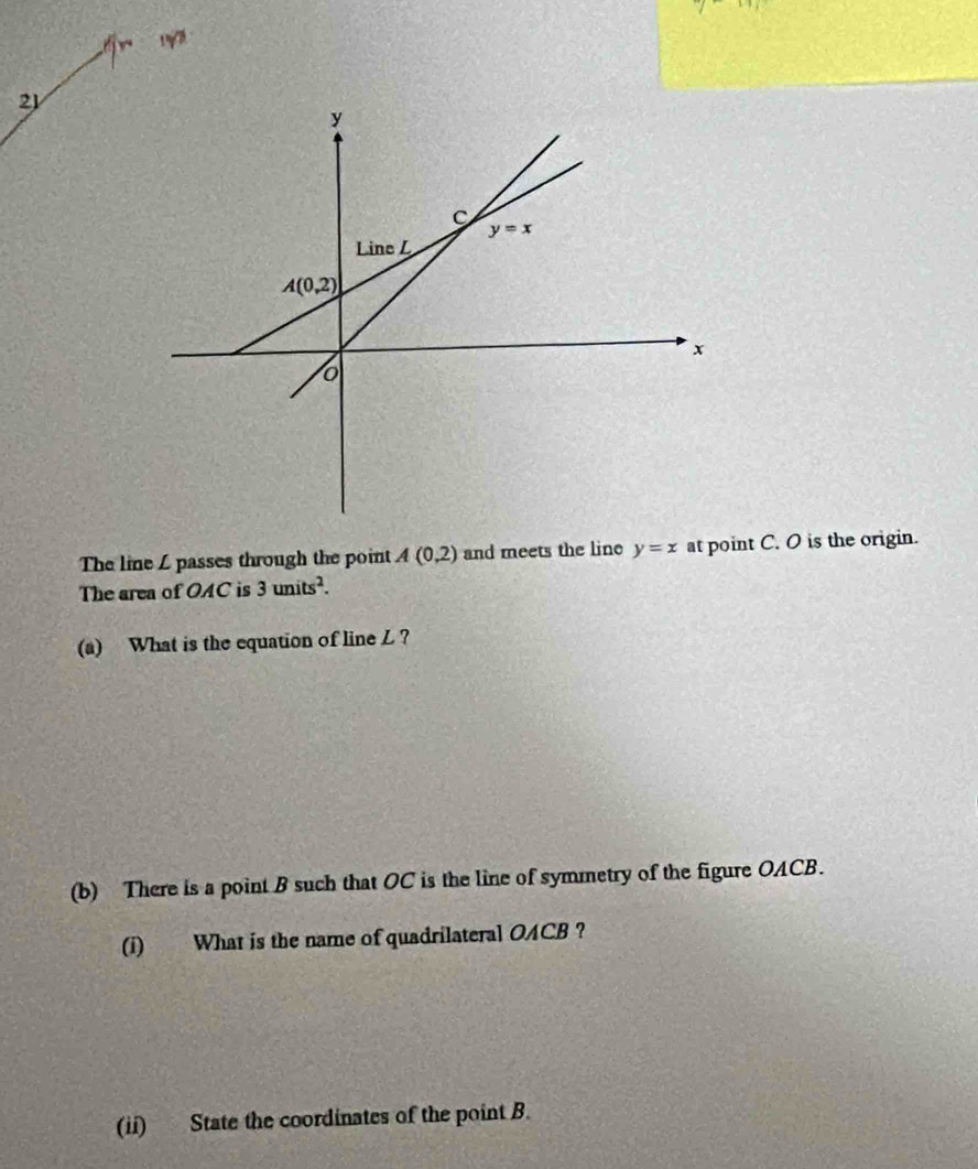 The line / passes through the point A(0,2) and meets the lino y=x at point C. O is the origin.
The area of OAC is 3units^2.
(a) What is the equation of line L ?
(b) There is a point B such that OC is the line of symmetry of the figure OACB.
(i) What is the name of quadrilateral OACB ?
(ii) State the coordinates of the point B.