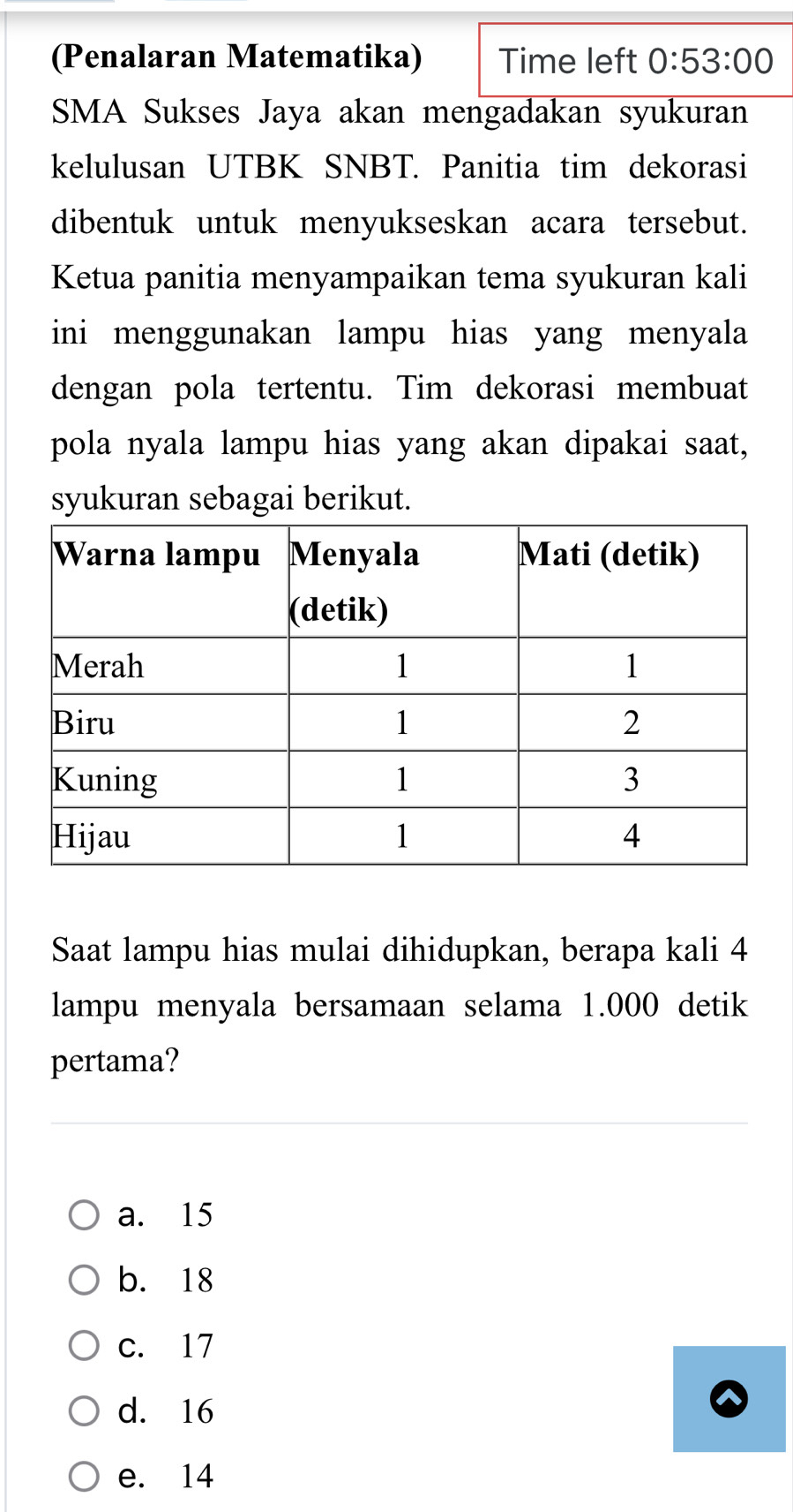 (Penalaran Matematika) Time left 0:53:00 
SMA Sukses Jaya akan mengadakan syukuran
kelulusan UTBK SNBT. Panitia tim dekorasi
dibentuk untuk menyukseskan acara tersebut.
Ketua panitia menyampaikan tema syukuran kali
ini menggunakan lampu hias yang menyala
dengan pola tertentu. Tim dekorasi membuat
pola nyala lampu hias yang akan dipakai saat,
syukuran sebagai berikut.
Saat lampu hias mulai dihidupkan, berapa kali 4
lampu menyala bersamaan selama 1.000 detik
pertama?
a. 15
b. 18
c. 17
d. 16
e. 14