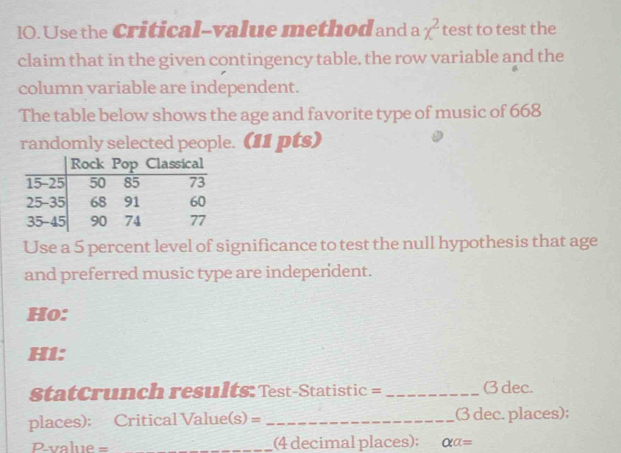 lO. Use the Critical-value method and a x^2 test to test the 
claim that in the given contingency table, the row variable and the 
column variable are independent. 
The table below shows the age and favorite type of music of 668
randomly selected people. (11 pts) 
Use a 5 percent level of significance to test the null hypothesis that age 
and preferred music type are independent. 
Ho: 
H1: 
StatCrunch results: Test-Statistic = _(3 dec. 
places): Critical Value(s) = _(3 dec. places);
P-value = (4 decimal places); alpha a=