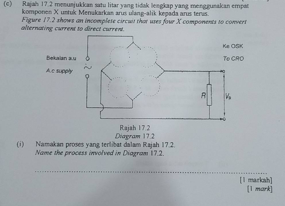 Rajah 17.2 menunjukkan satu litar yang tidak lengkap yang menggunakan empat
komponen X untuk Menukarkan arus ulang-alik kepada arus terus.
Figure 17.2 shows an incomplete circuit that uses four X components to convert
alternating current to direct current.
Diagram 17.2
(i) Namakan proses yang terlibat dalam Rajah 17.2.
Name the process involved in Diagram 17.2.
_
[l markah]
[1 mark]