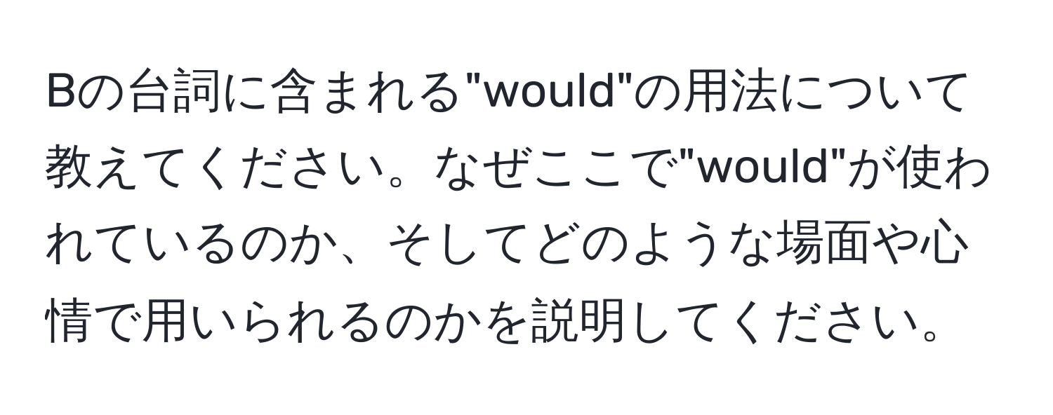 Bの台詞に含まれる"would"の用法について教えてください。なぜここで"would"が使われているのか、そしてどのような場面や心情で用いられるのかを説明してください。