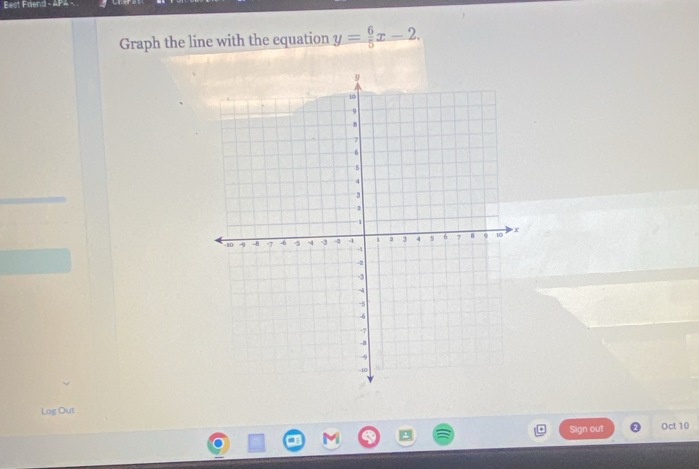 Best Friend - APA - 
Graph the line with the equation y= 6/5 x-2. 
Log Out 
Sign out Oct 10