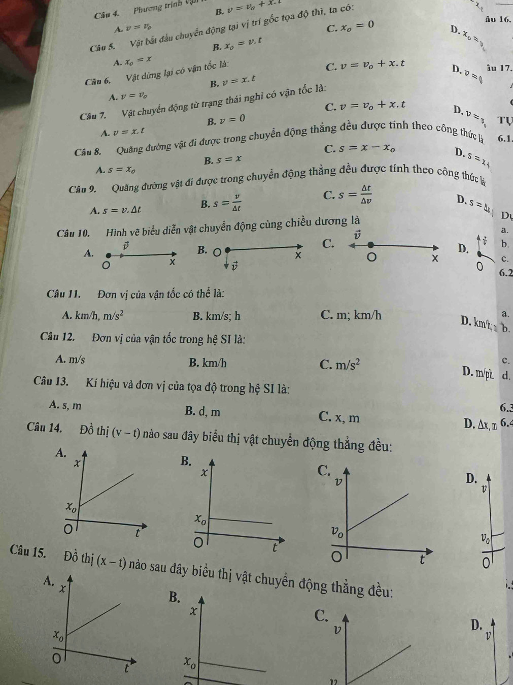 B. v=v_o+x.t
Câu 4. Phương trình Vận
A. v=v_0 C. x_o=0
âu 16.
Câu S. Vật bắt đầu chuyển động tại vị trí gốc tọa độ thì, ta có:
D. x_o=v
B. x_o=v.t
A. x_o=x
Câu 6. Vật dừng lại có vận tốc là:
C. âu 17.
B. v=x.t v=v_0+x.t
D. v=0
A. v=v_o
Câu 7. Vật chuyển động từ trạng thái nghi có vận tốc là:
C. v=v_0+x.t D.
B. v=0 v=v_0
A. v=x.t Tụ
Câu 8.  Quãng đường vật đi được trong chuyền động thằng đều được tính theo công thức là 6.1
C. s=x-x_0
D.
B. s=x
s=x_4
A. s=x_0
Câu 9. Quãng đường vật đi được trong chuyền động thằng đều được tính theo công thức là
C. s= △ t/△ v 
D.
A. s=v.△ t
B. s= v/△ t  s=4v
Câu 10. Hình vẽ biểu diễn vật chuyển động cùng chiều dương là
Dy
vector v
a.
vector v
C.
B
A.
B. ○
D. b.
x
O
x
c.
0
vector v 6.2
Câu 11. Đơn vị của vận tốc có thể là:
A. km/h, m/s^2 B. km/s; h C. m; km/h
a.
D. km/h b.
Câu 12. Đơn vị của vận tốc trong hệ SI là:
A. m/s B. km/h c.
C. m/s^2
D. m/ph d.
Câu 13. Kí hiệu và đơn vị của tọa độ trong hệ SI là:
6.3
A. s, m B. d, m C. x, m D. ∆x, m 6.4
Câu 14. D ô thị (v-t) nào sau đây biểu thị vật chuyển động thẳng đều:
D.
v
v_0
0
Câu 15. Dhat o thị (x-t) nào sau đây biểu thị vật chuyển động thẳng đều:
D.
 
”