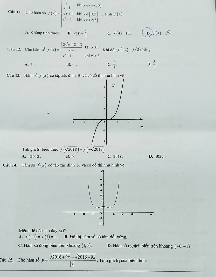 Cho hàm số f(x)=beginarrayl  2/x-1 ihix≤slant (-x,0) sqrt(x+1)ihix≤slant [0,2] x^2-1&khx∈ (2,5]endarray. Tinh f(4).
A. Không tính được, B. f(4)= 2/3 . C. f(4)=15. D. f(4)=sqrt(5). 
Câu 12. Cho hàm số f(x)=beginarrayl  (2sqrt(x+2)-3)/x-1 khix≥ 2 x^2+1khix<2endarray.. Khi đó, f(-2)+f(2) bǎng
D.
A. 6 . B. 4. C.  5/3 .  8/3 . 
Câu 13. Hàm số f(x) có tập xác định R và có đồ thị như hình vẽ
Tnh giá trị biểu thức f(sqrt(2018))+f(-sqrt(2018))
A. -2018. B. 0. C. 2018. D. 4036.
Câu 14. Hàm số f(x) có tập xác định R và có đồ thị như hình vẽ
Mệnh đề nào sau đây sai?
A. f(-1)=f(1)=1. B. Đồ thị hàm số có tâm đối xứng.
C. Hàm số đồng biến trên khoảng (1;5). D. Hàm số nghịch biến trên khoảng (-6;-1). 
Câu 15. Cho hàm số y= (sqrt(2016+9x)-sqrt(2016-9x))/|x| . Tính giá trị của biểu thức: