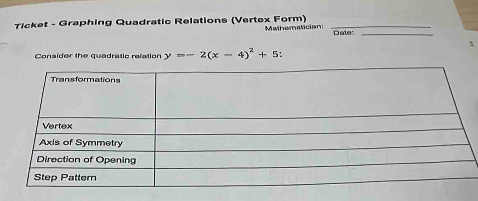 Ticket - Graphing Quadratic Relations (Vertex Form)_ 
Mathematician: 
Dale:_ 
Consider the quadratic relation y=-2(x-4)^2+5.