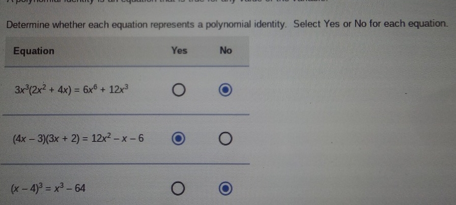 Determine whether each equation represents a polynomial identity. Select Yes or No for each equation.
Equation Yes No
3x^3(2x^2+4x)=6x^6+12x^3
(4x-3)(3x+2)=12x^2-x-6
(x-4)^3=x^3-64