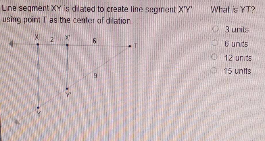 Line segment XY is dilated to create line segment X'Y' What is YT?
using point T as the center of dilation.
3 units
6 units
12 units
15 units