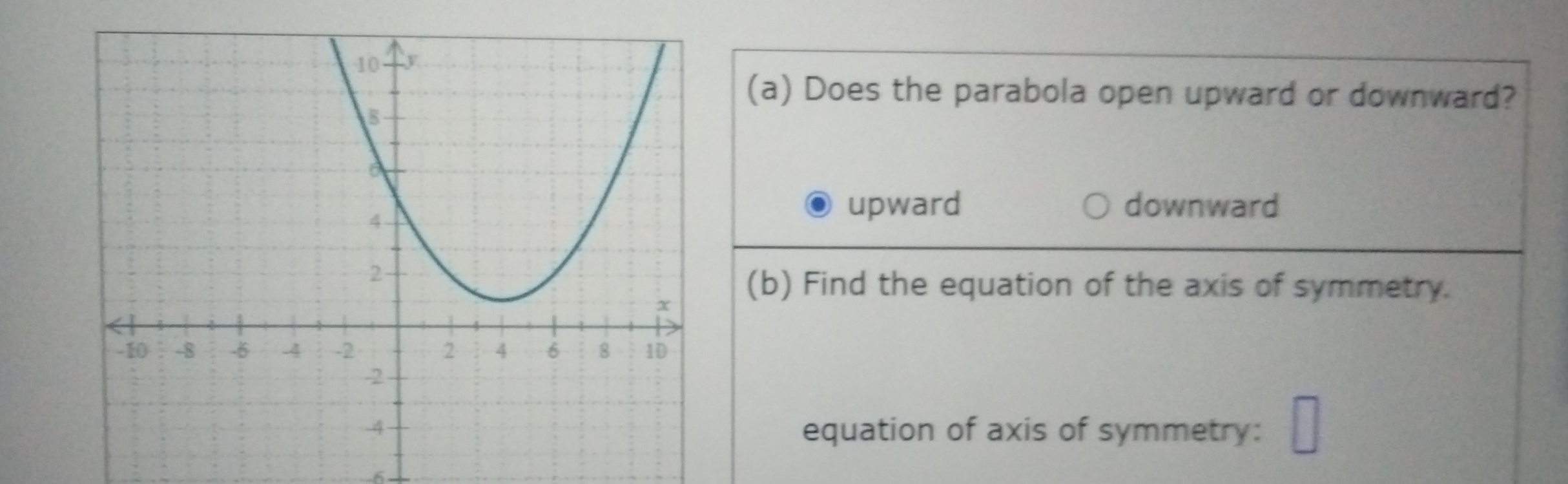 Does the parabola open upward or downward?
upward downward
(b) Find the equation of the axis of symmetry.
equation of axis of symmetry:
-6