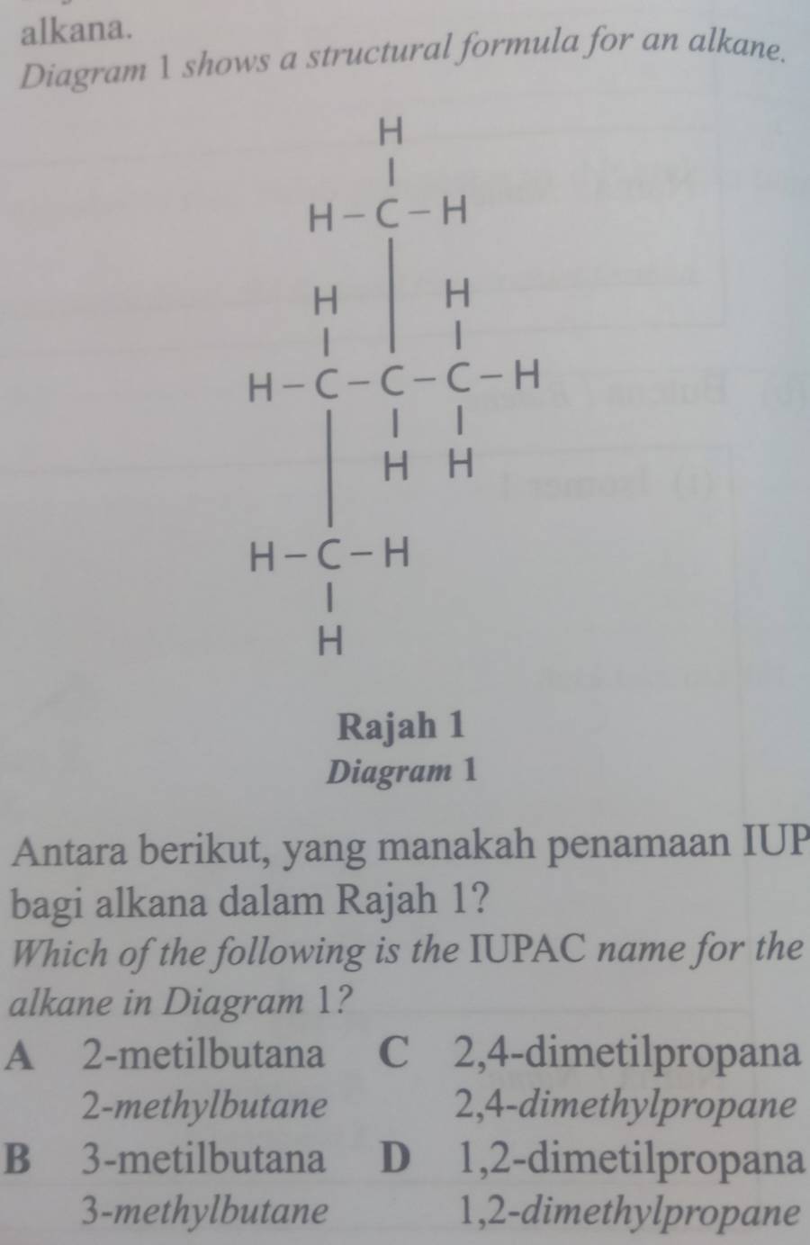 alkana.
Diagram 1 shows a structural formula for an alkane.
Antara berikut, yang manakah penamaan IUP
bagi alkana dalam Rajah 1?
Which of the following is the IUPAC name for the
alkane in Diagram 1?
A 2-metilbutana C 2,4-dimetilpropana
2-methylbutane 2,4-dimethylpropane
B 3-metilbutana D 1,2-dimetilpropana
3-methylbutane 1,2-dimethylpropane