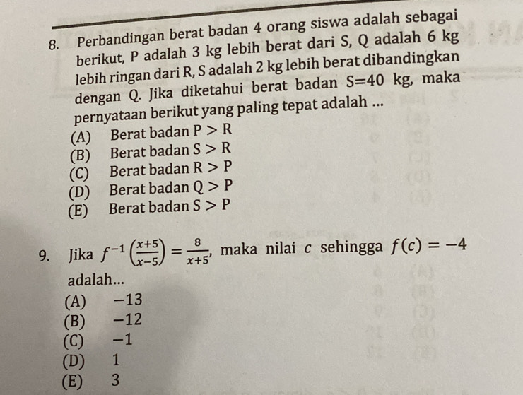 Perbandingan berat badan 4 orang siswa adalah sebagai
berikut, P adalah 3 kg lebih berat dari S, Q adalah 6 kg
lebih ringan dari R, S adalah 2 kg lebih berat dibandingkan
dengan Q. Jika diketahui berat badan S=40kg maka
pernyataan berikut yang paling tepat adalah ...
(A) Berat badan P>R
(B) Berat badan S>R
(C) Berat badan R>P
(D) Berat badan Q>P
(E) Berat badan S>P
9. Jika f^(-1)( (x+5)/x-5 )= 8/x+5  , maka nilai c sehingga f(c)=-4
adalah...
(A) -13
(B) -12
(C) -1
(D) 1
(E) 3