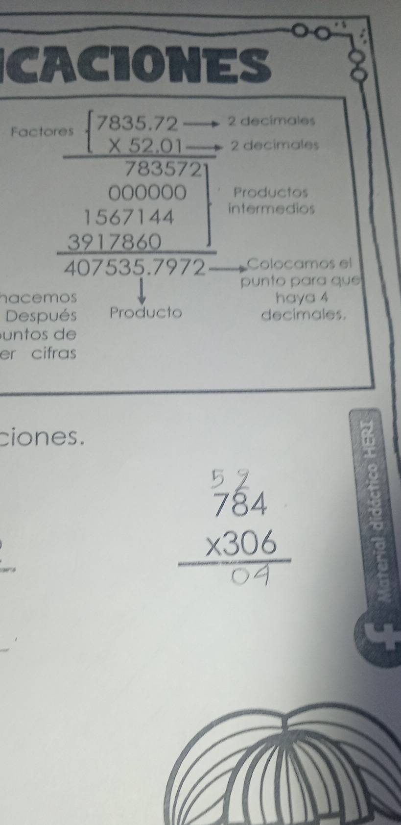 CACIONES 
decímales 
Fac 
2 decimales
beginarrayr □ □  -1encloselongdiv 35552 hline 2,20000 100 hline 15000 hline 1000 hline 0075 hline 0endarray  Productos 
ntermedios 
Colocamos el 
punto para que 
hacemos haya 4 
Después Producto decimales. 
un tos de 
er cifras 
ciones. a
beginarrayr 784 * 306 hline endarray
□