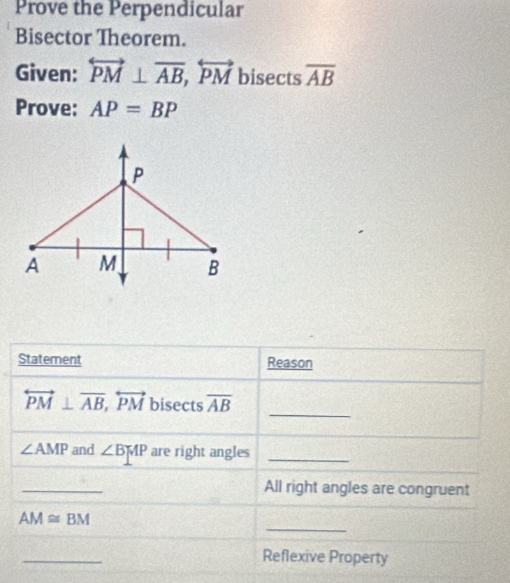 Prove the Perpendicular 
Bisector Theorem. 
Given: overleftrightarrow PM⊥ overleftrightarrow AB, overleftrightarrow PM bisects overline AB
Prove: AP=BP
Statement Reason 
_
overleftrightarrow PM⊥ overleftrightarrow AB, overleftrightarrow PM bisects overline AB
∠ AMP and ∠ BMP are right angles_ 
_ 
All right angles are congruent 
_
AM≌ BM
_ 
Reflexive Property