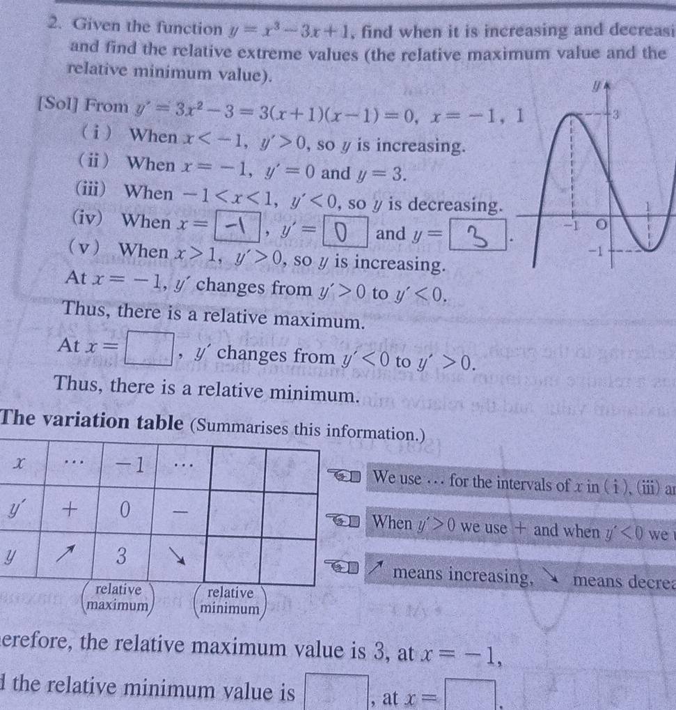 Given the function y=x^3-3x+1 , find when it is increasing and decreasi 
and find the relative extreme values (the relative maximum value and the 
relative minimum value). 
[Sol] From y'=3x^2-3=3(x+1)(x-1)=0, x=-1, 1
ⅰ)When x , y'>0 , so y is increasing. 
(ⅱ) When x=-1, y'=0 and y=3. 
(iii) When -1 , y'<0</tex> , so y is decreasing. 
(iv) When x=□ , y'=□ and y=. 
v When x>1, y'>0 , so y is increasing. 
At x=-1, y' changes from y'>0 to y'<0</tex>. 
Thus, there is a relative maximum. 
At x=□ , y changes from y'<0</tex> to y'>0. 
Thus, there is a relative minimum. 
The variation table (Summarisesmation.) 
We use . .. for the intervals of x in ( i), (i) ar 
When y'>0 we use + and when y'<0</tex> we 
means increasing, means decrea 
maximum minimum 
herefore, the relative maximum value is 3, at x=-1, 
d the relative minimum value is □ , at x=□.