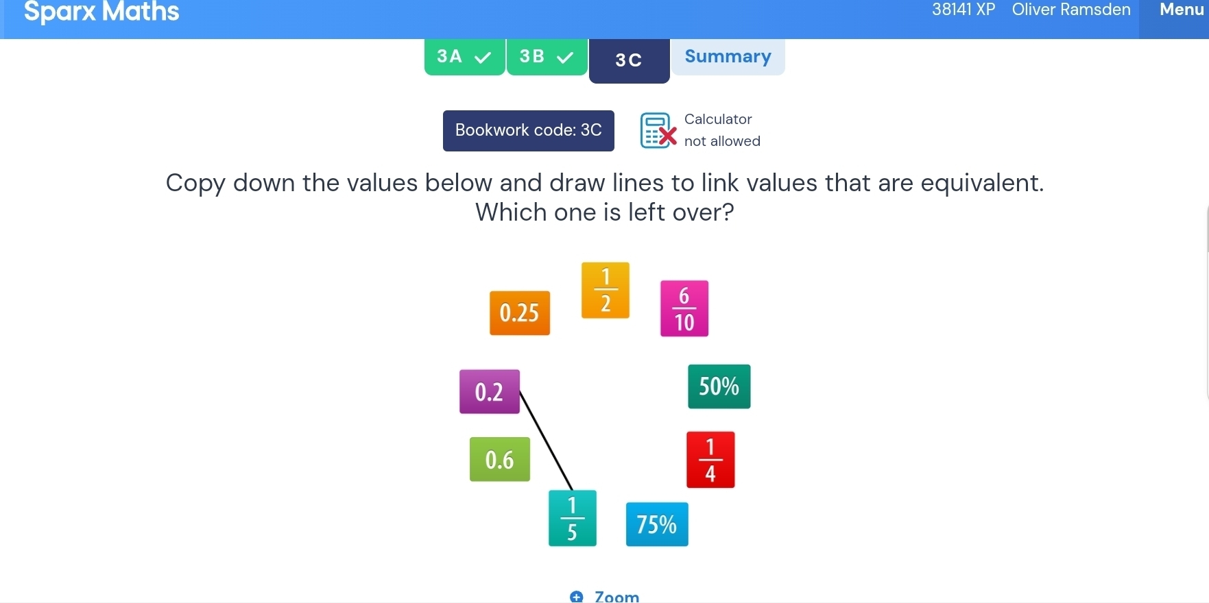 Sparx Maths 38141 XP Oliver Ramsden Menu
3A 3B 3C Summary
Calculator
Bookwork code: 3C
not allowed
Copy down the values below and draw lines to link values that are equivalent.
Which one is left over?
4 Zoom