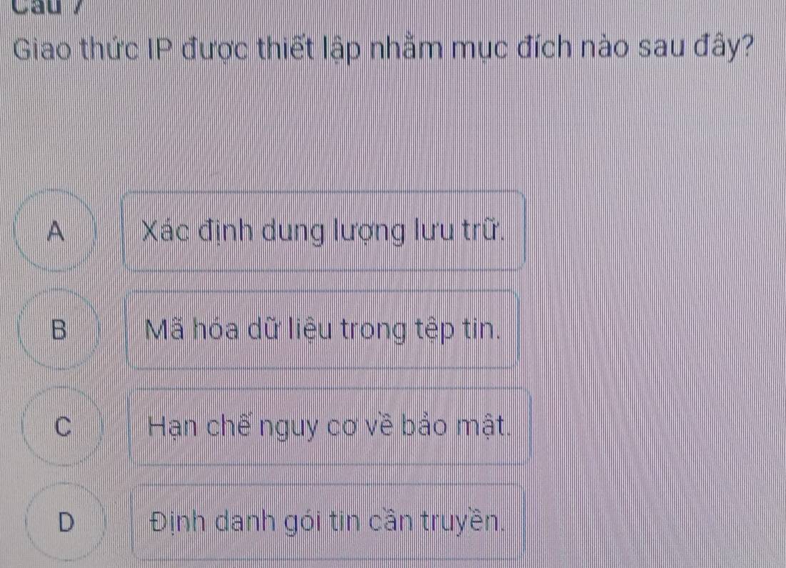 Cau /
Giao thức IP được thiết lập nhằm mục đích nào sau đây?
A Xác định dung lượng lưu trữ.
B Mã hóa dữ liệu trong tệp tin.
c Hạn chế nguy cơ về bảo mật.
D Định danh gói tin cần truyền.