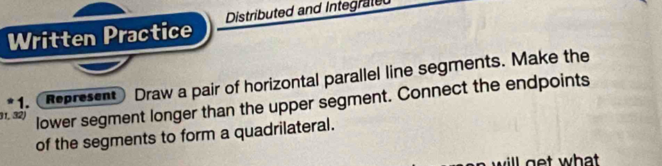 Written Practice Distributed and Integrate 
1. Represent Draw a pair of horizontal parallel line segments. Make the 
31, 32) 
lower segment longer than the upper segment. Connect the endpoints 
of the segments to form a quadrilateral.