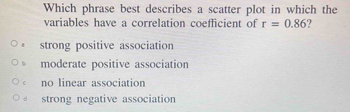 Which phrase best describes a scatter plot in which the
variables have a correlation coefficient of r=0.86
a strong positive association
b moderate positive association
C no linear association
d strong negative association