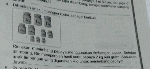 nj anghya 1 m 60 cm. dan pipa C 
_ rs6but? pipa disambung, berapa sentimeter panjang 
4. Diberikan anak timbangan kodok sebagai berikut! 
h. 1 1, 
6 4 :o” , 
Rio akan menimbang pepaya menggunakan timbangan kodok. Setelah 
ditimbang, Rio memperoleh hasil berat pepaya 2 kg 600 gram. Sebutkan 
_ 
anak timbangan yang digunakan Rio untuk menimbang pepaya! 
Jawab: 
5 Rumab a