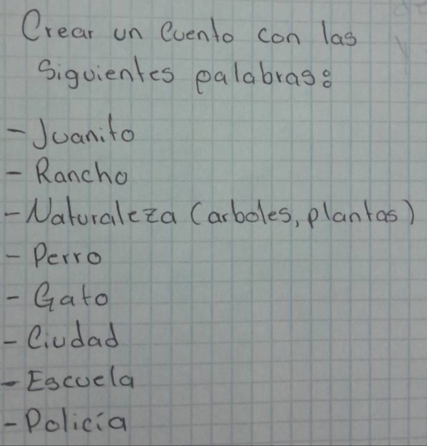 Crear un evento con las 
Siguientes palabras? 
- Juanito 
- Rancho 
-Naturaleza (arboles, plantas) 
- Perro 
- Gato 
- Ciudad 
- Escuela 
- Policia