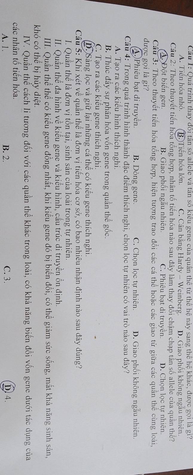 Cầu 1: Quá trình thay đôi tân số allele và tân số kiêu gene của quần thể từ thể hệ này sang thể hệ khác, được gọi là gì?
A. Tiến hóa nhỏ. B. )Tiến hóa lớn. C. Cân bằng Hardy - Weinberg. D. Giao phối không ngẫu nhiên.
Câu 2: Theo thuyết tiến hóa tổng hợp, nhân tố tiến hóa nào sau đây làm thay đổi chậm chạp tần số allele của quần thể?
Đột biến gen. B. Giao phối ngẫu nhiên. C. Phiêu bạt di truyền. D. Chọn lọc tự nhiên.
Câu 3: Theo thuyết tiến hóa tổng hợp, hiện tượng trao đổi các cá thể hoặc các giao tử giữa các quần thể cùng loài,
được gọi là gì?
A.)Phiêu bạt di truyền. B. Dòng gene. C. Chọn lọc tự nhiên. D. Giao phối không ngẫu nhiên.
Câu 4: Trong quá trình hình thành đặc điểm thích nghi, chọn lọc tự nhiên có vai trò nào sau đây?
A. Tạo ra các kiểu hình thích nghi.
B. Thúc đẩy sự phân hóa vốn gene trong quần thể gốc.
C. Tạo ra các kiểu gene thích nghi.
D. Sàng lọc và giữ lại những cá thể có kiểu gene thích nghi.
Câu 5: Khi xét về quần thể là đơn vị tiến hóa cơ sở, có bao nhiêu nhận định nào sau đây đúng?
I. Quần thể là đơn vị tồn tại, sinh sản của loài trong tự nhiên.
II. Quần thể đa hình về kiểu gene và kiểu hình, cấu trúc di truyền ổn định.
IIII. Quần thể thể có kiểu gene đồng nhất, khi kiểu gene đó bị biến đổi, có thể giảm sức sống, mất khả năng sinh sản,
khó có thể bị hủy diệt.
IV. Quần thể cách li tương đối với các quần thể khác trong loài, có khả năng biến đổi vốn gene dưới tác dụng của
các nhân tố tiến hóa.
A. 1. B. 2. C. 3. D. 4.