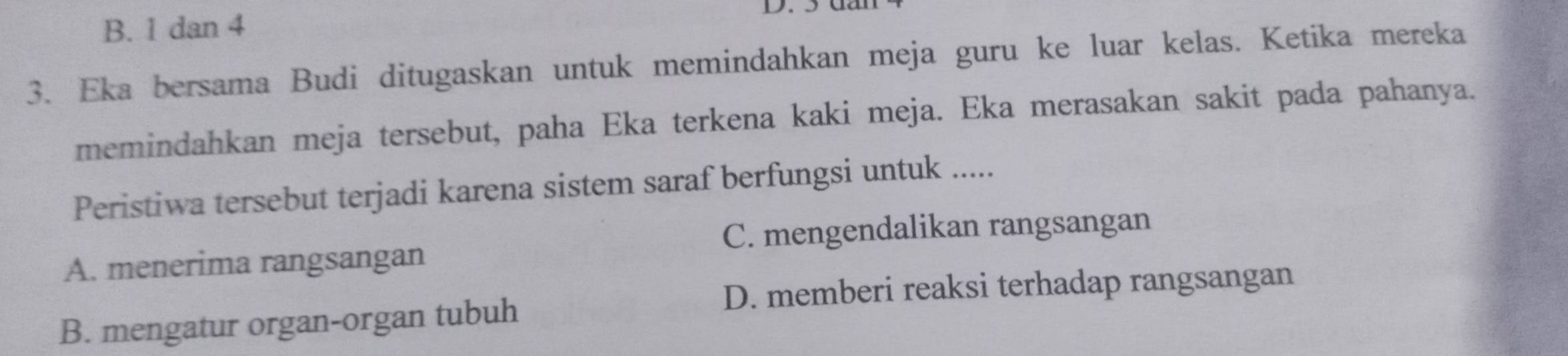 B. 1 dan 4
3. Eka bersama Budi ditugaskan untuk memindahkan meja guru ke luar kelas. Ketika mereka
memindahkan meja tersebut, paha Eka terkena kaki meja. Eka merasakan sakit pada pahanya.
Peristiwa tersebut terjadi karena sistem saraf berfungsi untuk .....
C. mengendalikan rangsangan
A. menerima rangsangan
D. memberi reaksi terhadap rangsangan
B. mengatur organ-organ tubuh